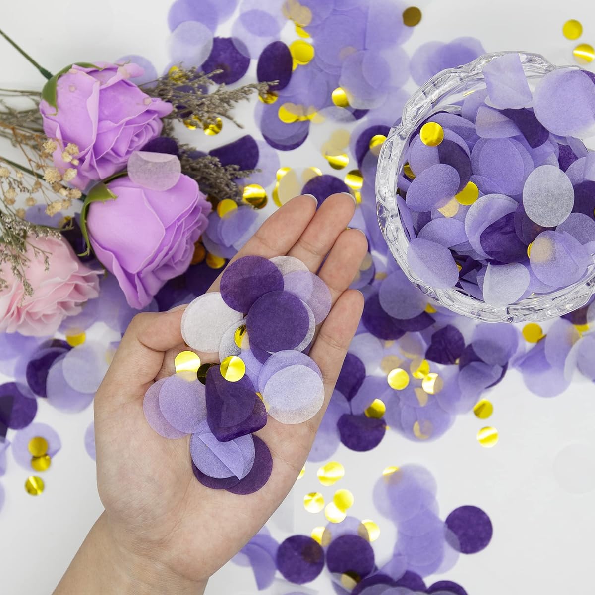 Round Glitter Confetti, White Purple Gold Confetti Dots for Graduation Carnival Wedding Birthday Decorations 49.8g