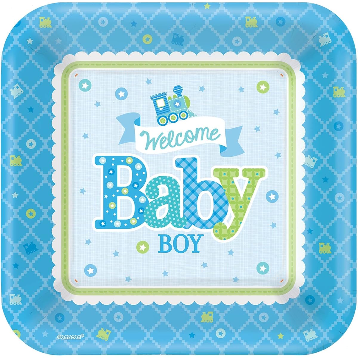 Amscan Charming Welcome Little One Boy Square Plates Baby Shower Party Supplies, 25cm , Blue/White/Green