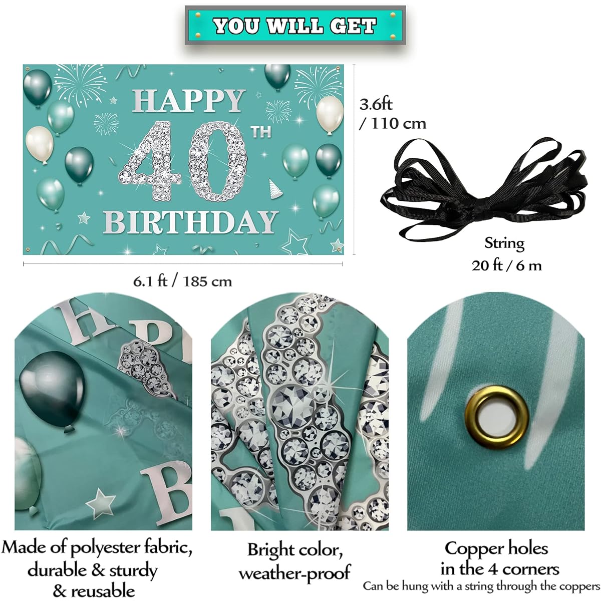 40th Birthday Banner Backdrop, Teal Silver Happy 40th Birthday Decorations Women, Turquoise 40 Years Old Birthday Photo Props, Forty Birthday Party Sign for Outdoor Indoor, Fabric Vicycaty