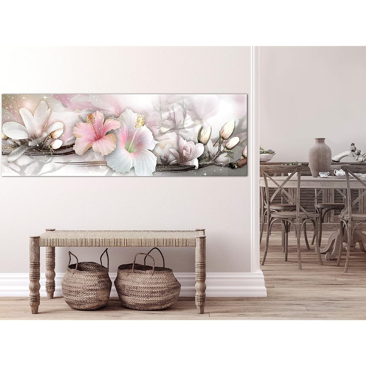 artgeist Canvas Wall Art Print Flower 53x18inch - 1pc Home Decor Framed Stretched Picture Photo Painting Artwork Picture - Magnolias Glamour Rose b-C-0905-b-a