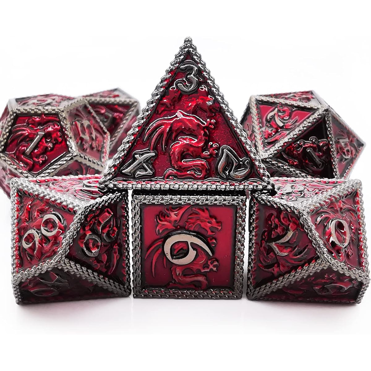 HAOMEJA Metal Dice Set 7 Dragons Polyhedral Dice DND Dice Suitable for D&D Dungeons & Dragons (Black Dark Red)