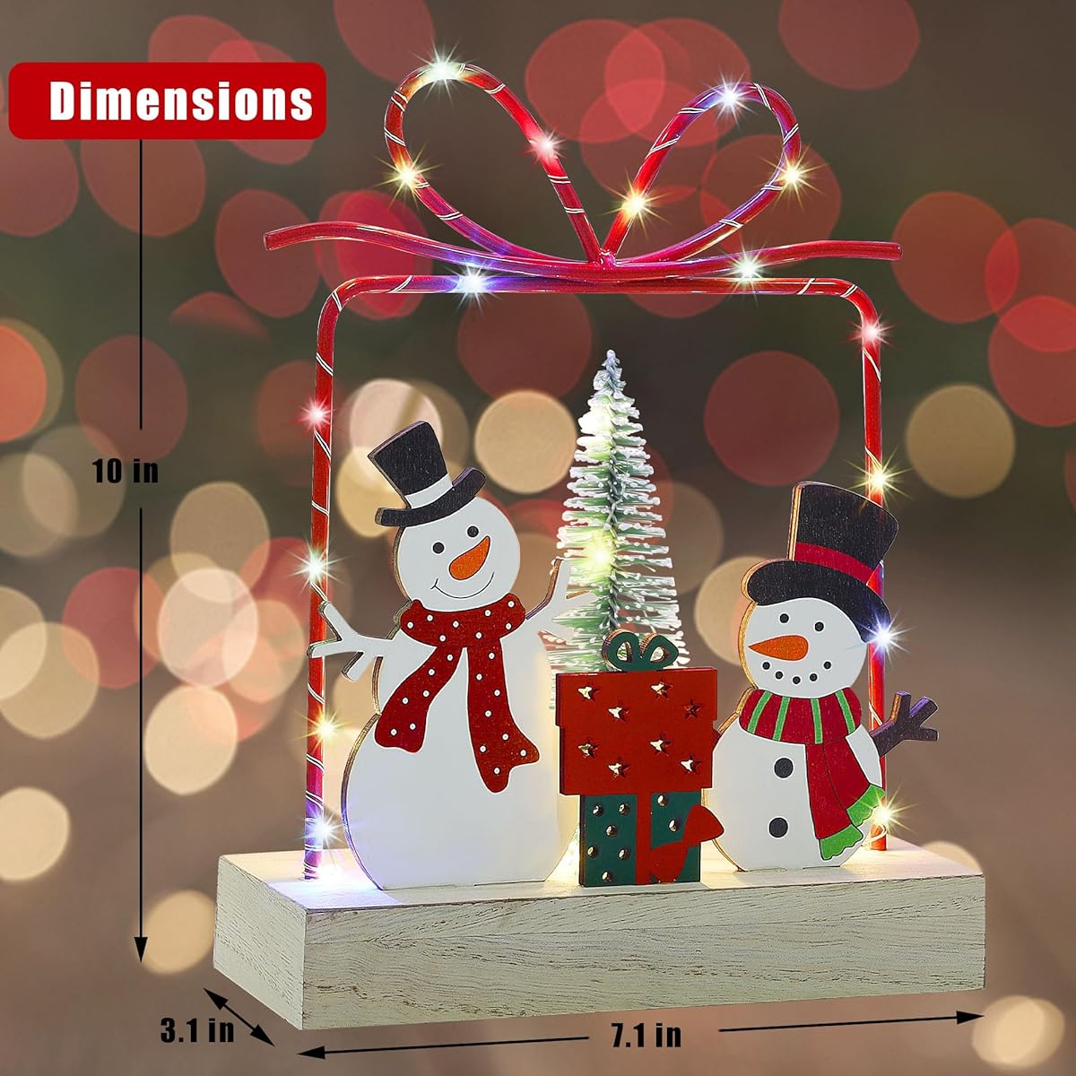 Lulu Home Christmas Tabletop Decoration Wooden Pre-Lighted Christmas Snowman Gift Box Ornament Metal Frame Battery Operated LED Light Holiday Sign Indoor Mantle Shelf Decor