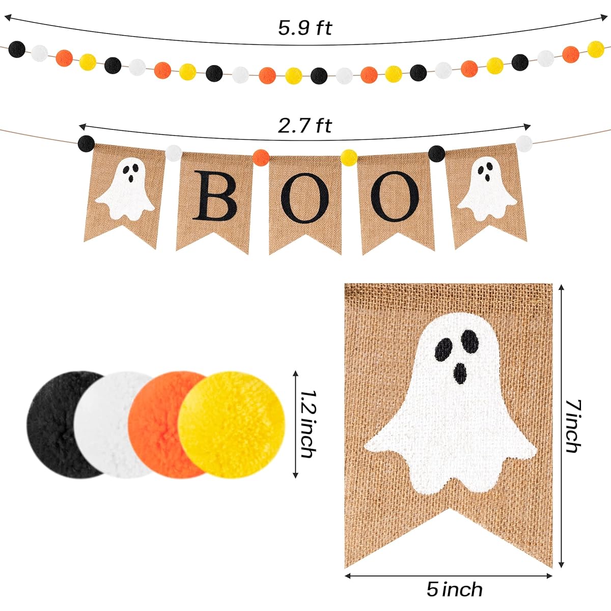 WATINC 2pcs Halloween Scary Boo Burlap Banner Ghost Pom Pom Garland Set Happy Halloween Felt Ball Banner Hanging Decor Thanksgiving Carnival Holiday Party Hanging Decoration for Home Wall