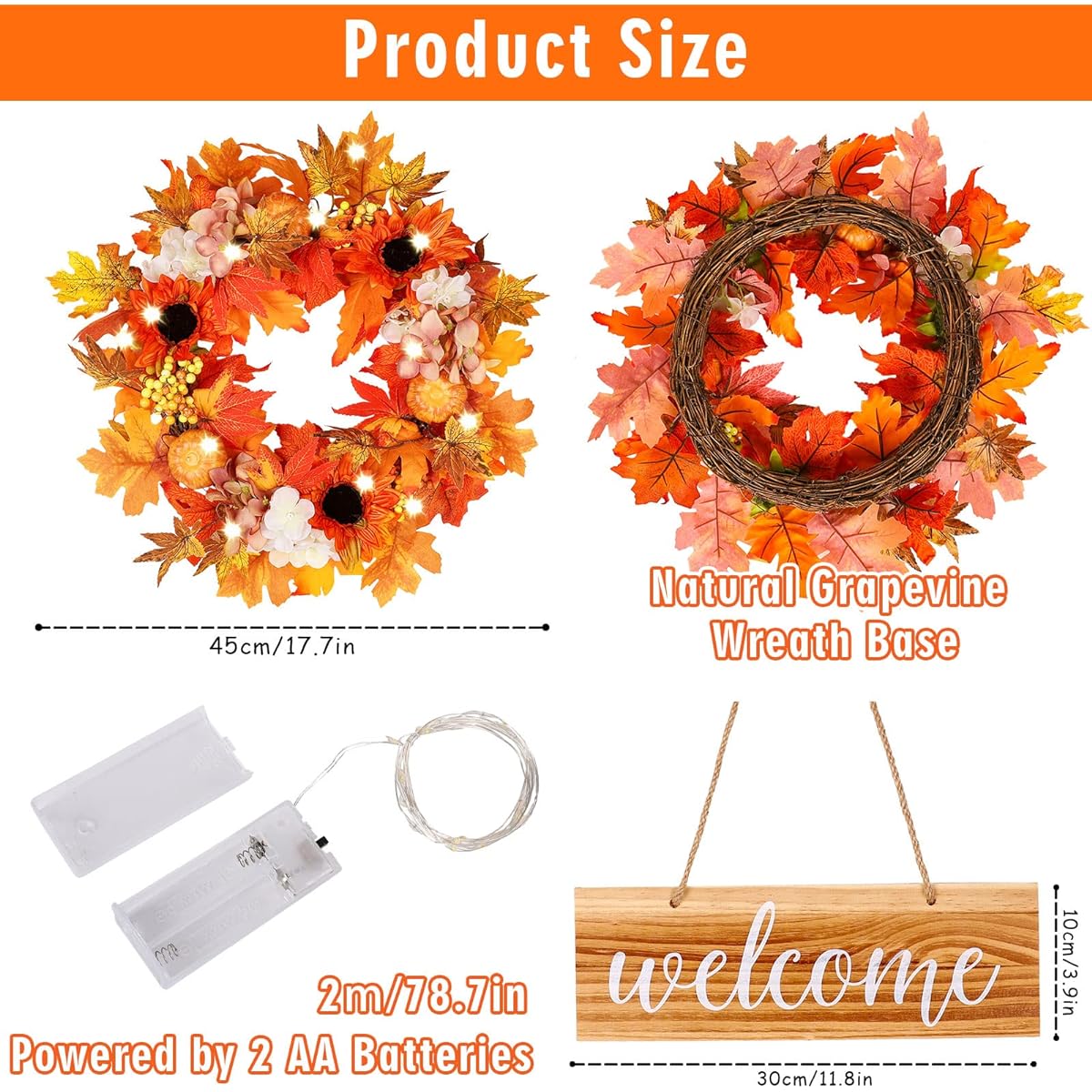 Whaline Fall Wreath Wood Sign Front Door Harvest Welcome Sign Pre-Lighted LED Artificial Maple Leaves Pumpkin Fall Wreath Thanksgiving Fireplace Wall Home Decor