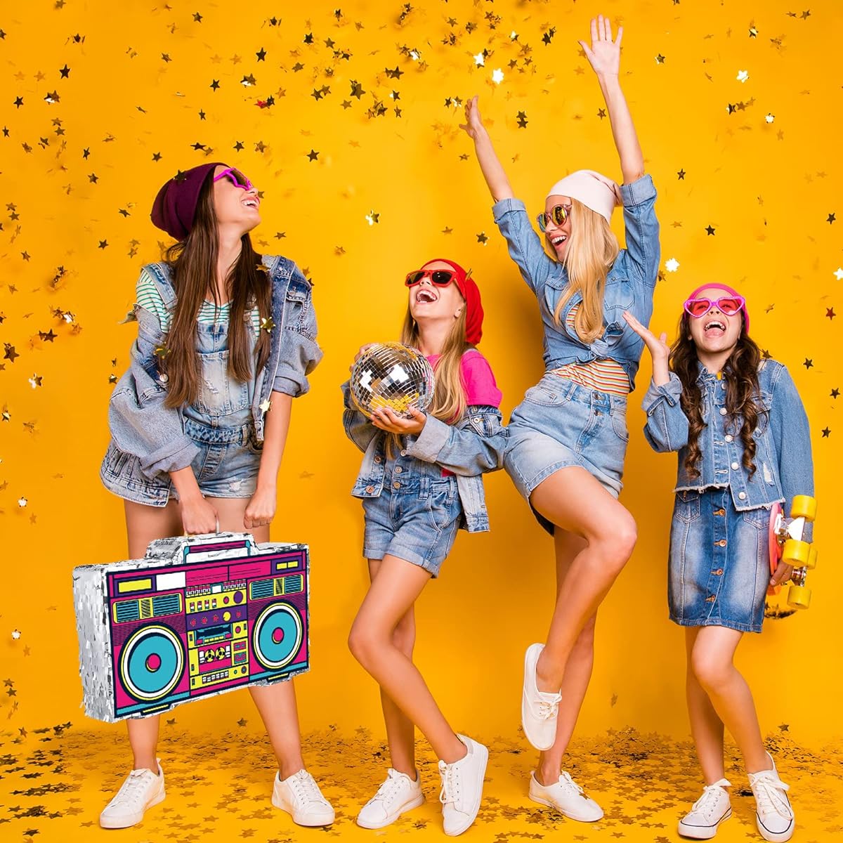 80's Boombox Pinata 16.5 x 11 x 3 Inch 90's Theme Party Decorations Retro Radio Pinata Set 1980's Hip Hop Adult Pinata Stick Confetti and Blindfold for Birthday Party (Stylish Style)
