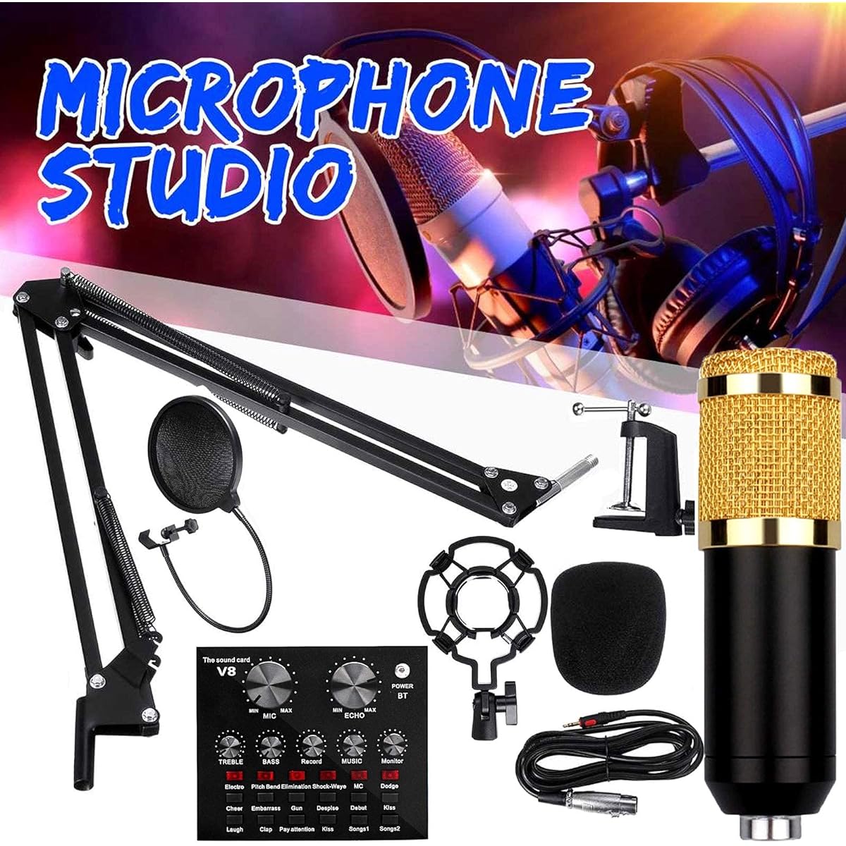 Sound Card Audio Set with Microphone, Live Sound Card Bundle, Adjustable Microphone Suspension Scissor Arm, DDF for Live Streaming, Gaming, Recording