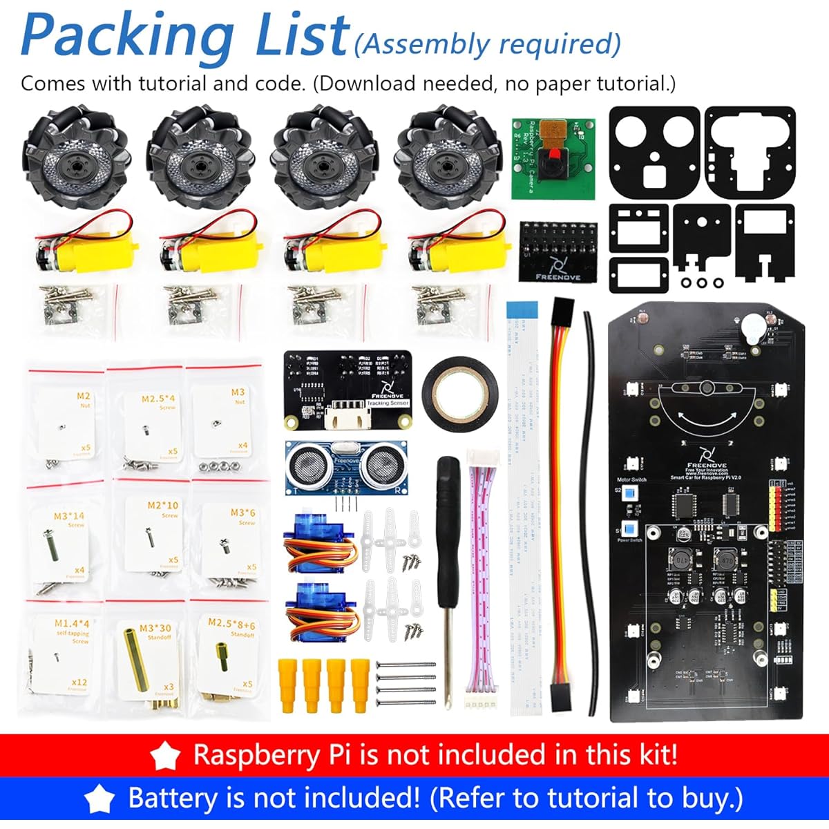 Freenove Mecanum Wheel Car Kit (Compatible with Raspberry Pi, Not Included), Face Tracking, Line Tracking, Light Tracing, Obstacle Avoidance, Colorful Lights, Ultrasonic Camera Servo