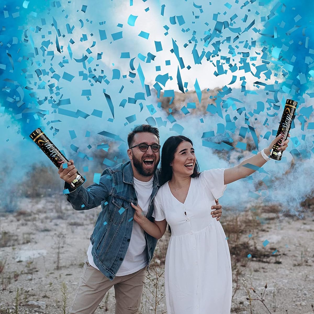 Gender Reveal Confetti Powder Cannon Biodegradable Boy Blue and Girl Pink Gender Reveal Popper - He or She Smoke Bomb Baby Shower Baby Party Decorations Supplies Sticks(2 Blue)