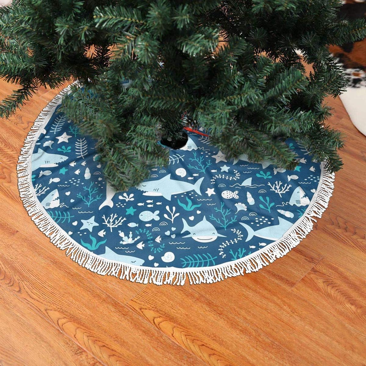 MSGUIDE 48" Christmas Tree Skirt Cartoon Blue Shark with Sea Life Christmas Halloween Tree Decorative Mat Christmas Decorations Christmas Ornaments