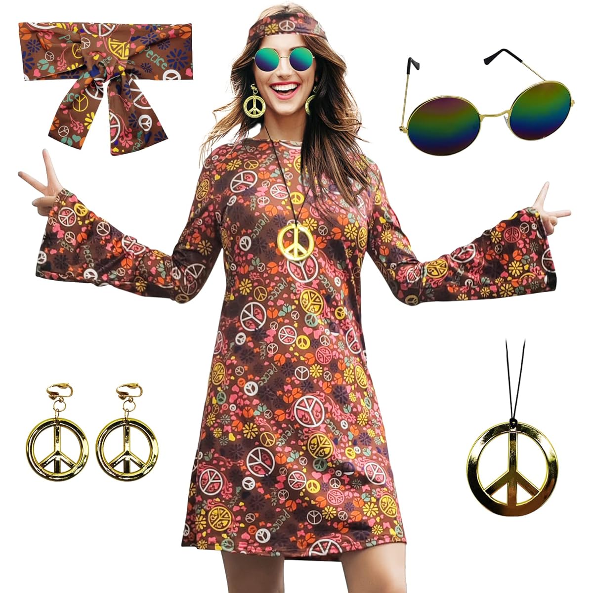 MRYUWB 70s Hippie Dress Costume Necklace Earrings Sunglasses Women Disco Clothes 60s Party Costume Halloween Retro Dress