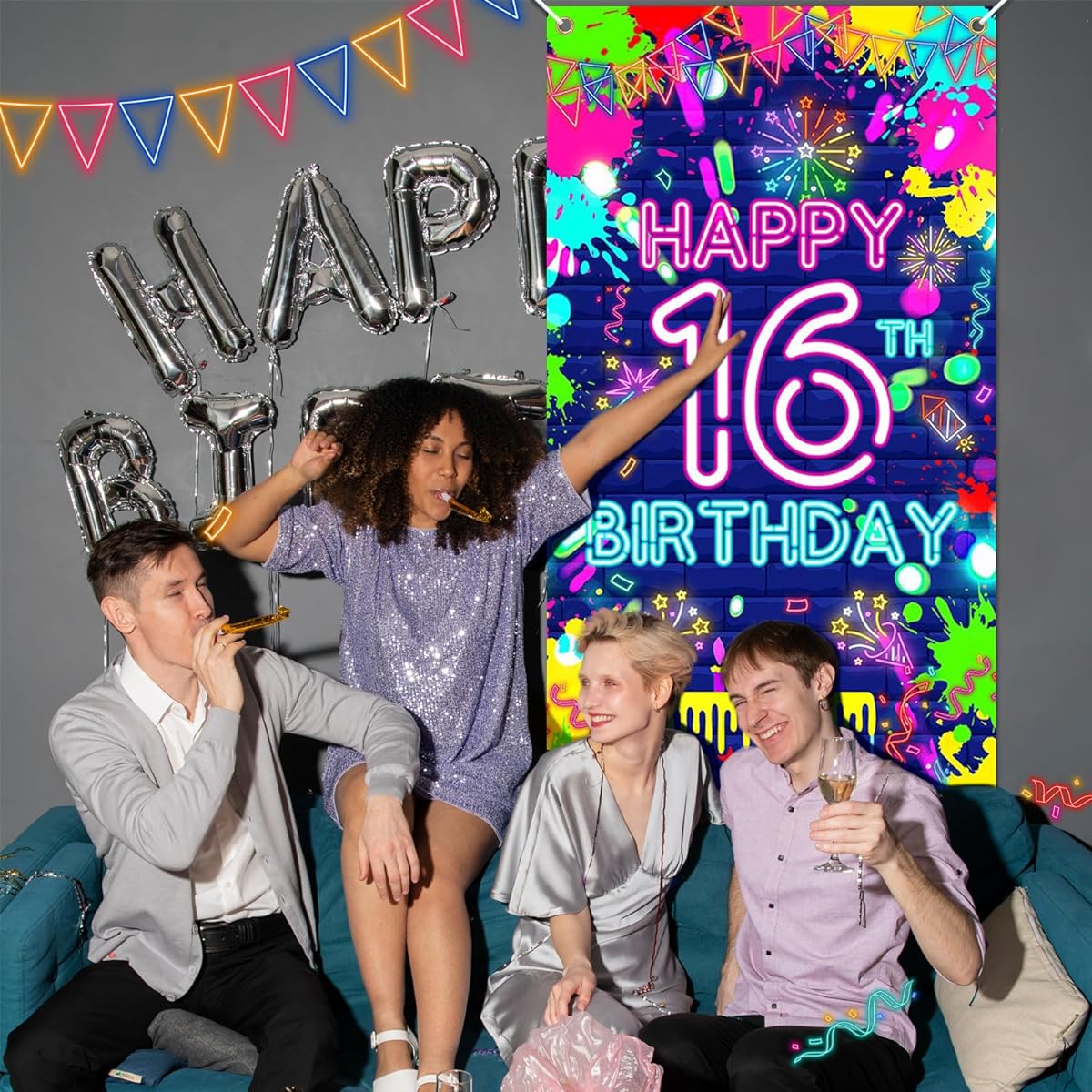 Avezano Happy 16th Birthday Door Cover Glow Neon Birthday Banner Neon Glittery Birthday Door Banner Glow in the Dark Sweet 16th Birthday Party Decorations