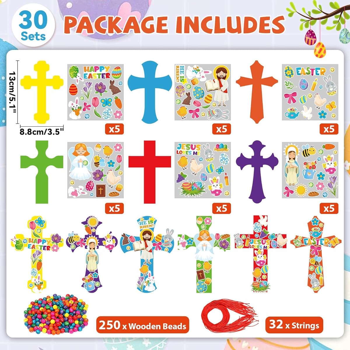 Qyeahkj 30 Sets Easter Cross Craft Kit for Kids Cross Necklace Beads Ornaments DIY Stickers Art Crafts Activities Hanging Religious Decorations for Sunday School Christian Jesus Keepsake