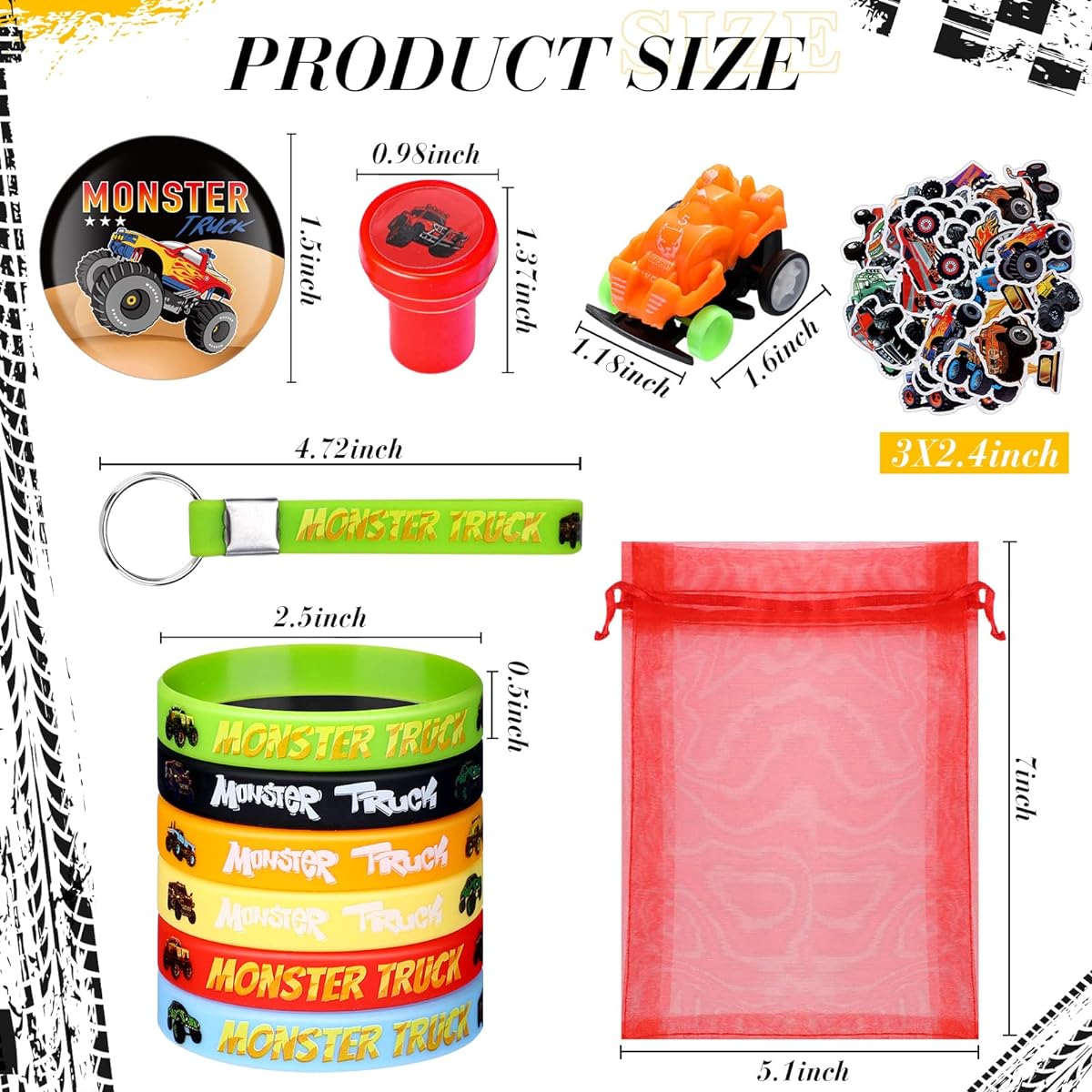 122pcs Truck Party Favors Kit Set, Truck Themed Mini Car Toys Cartoon Tattoo Stickers Keychains Wristbands Bracelets Badges Stampers Good Treats Candy Bags for Girls Boys Birthday Party Supplies