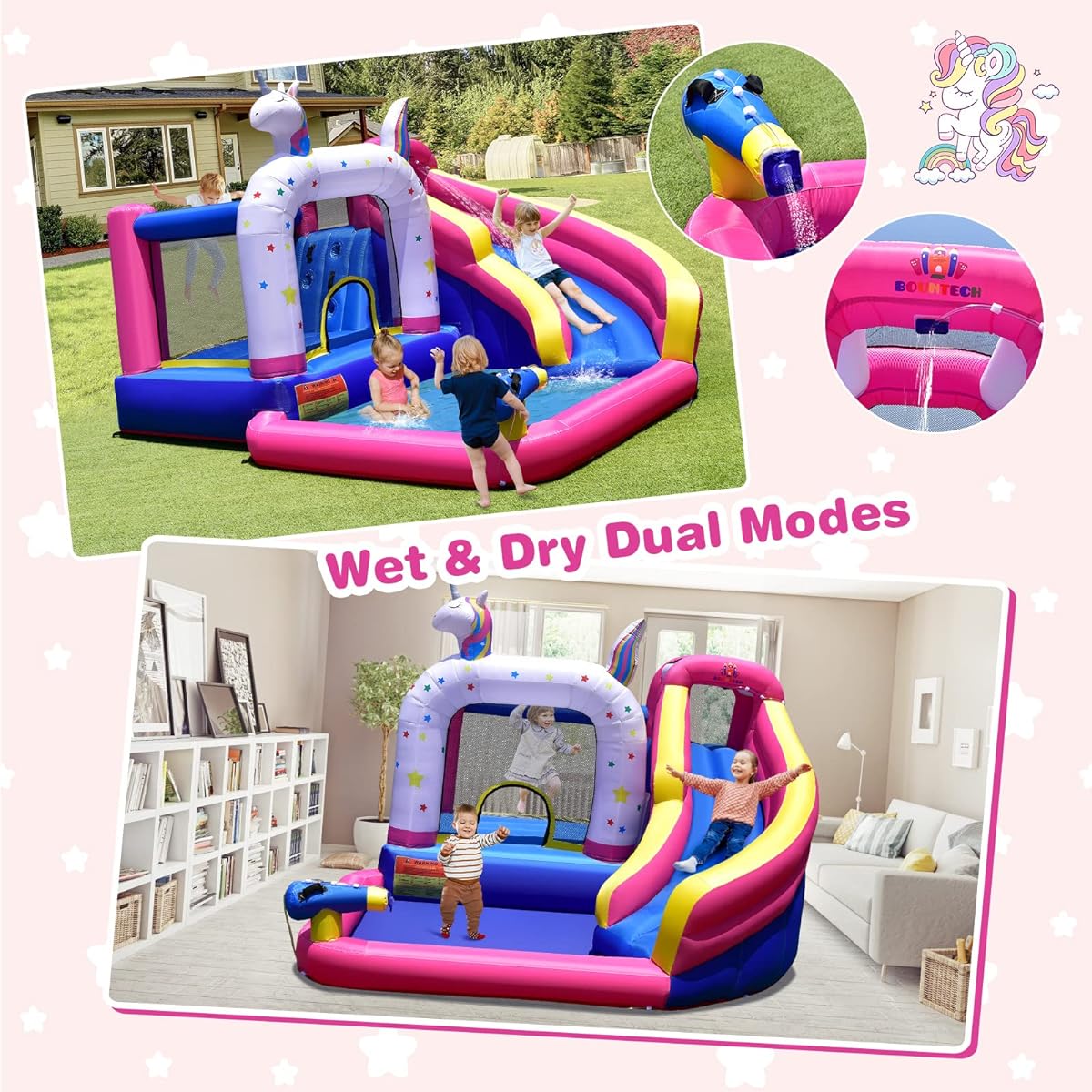 BOUNTECH Inflatable Water Slide Unicorn Kids Water Bounce House Wet & Dry with Blower Curve Slide Jumping Castle Splash Pool & Water Cannon Water Slide Inflatable Kids Gift Present