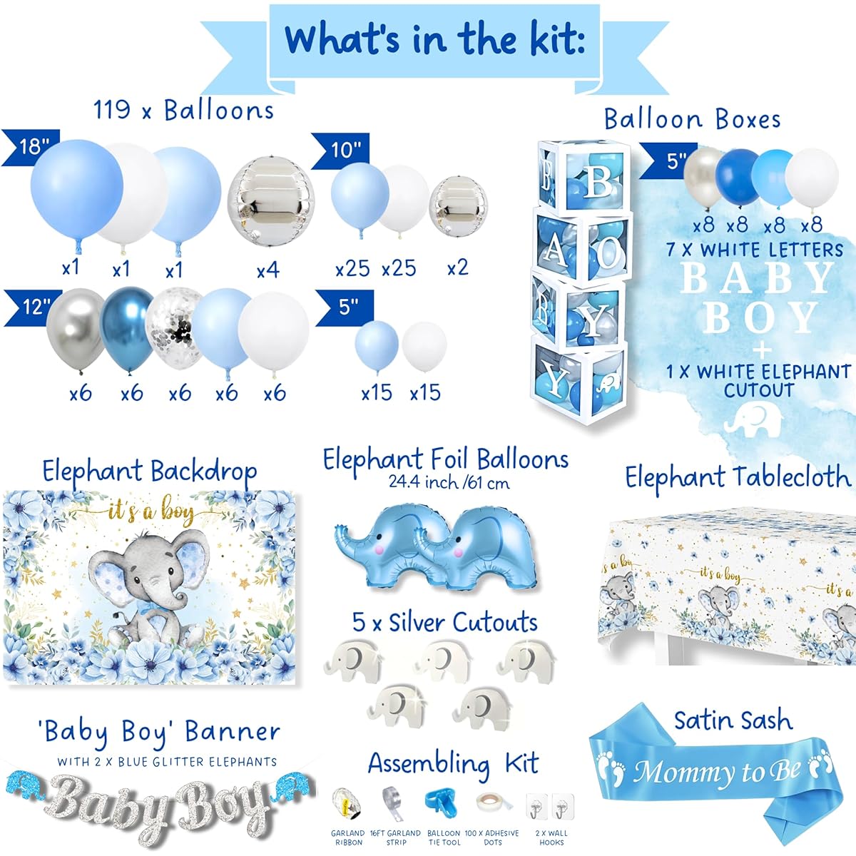 176 Pieces Baby Shower Decorations for Boy/Birthday/Boy 2 in 1 Set - Balloon Garland Arch, Balloon Box and Banner Elephant Baby Shower Birthday Decorations