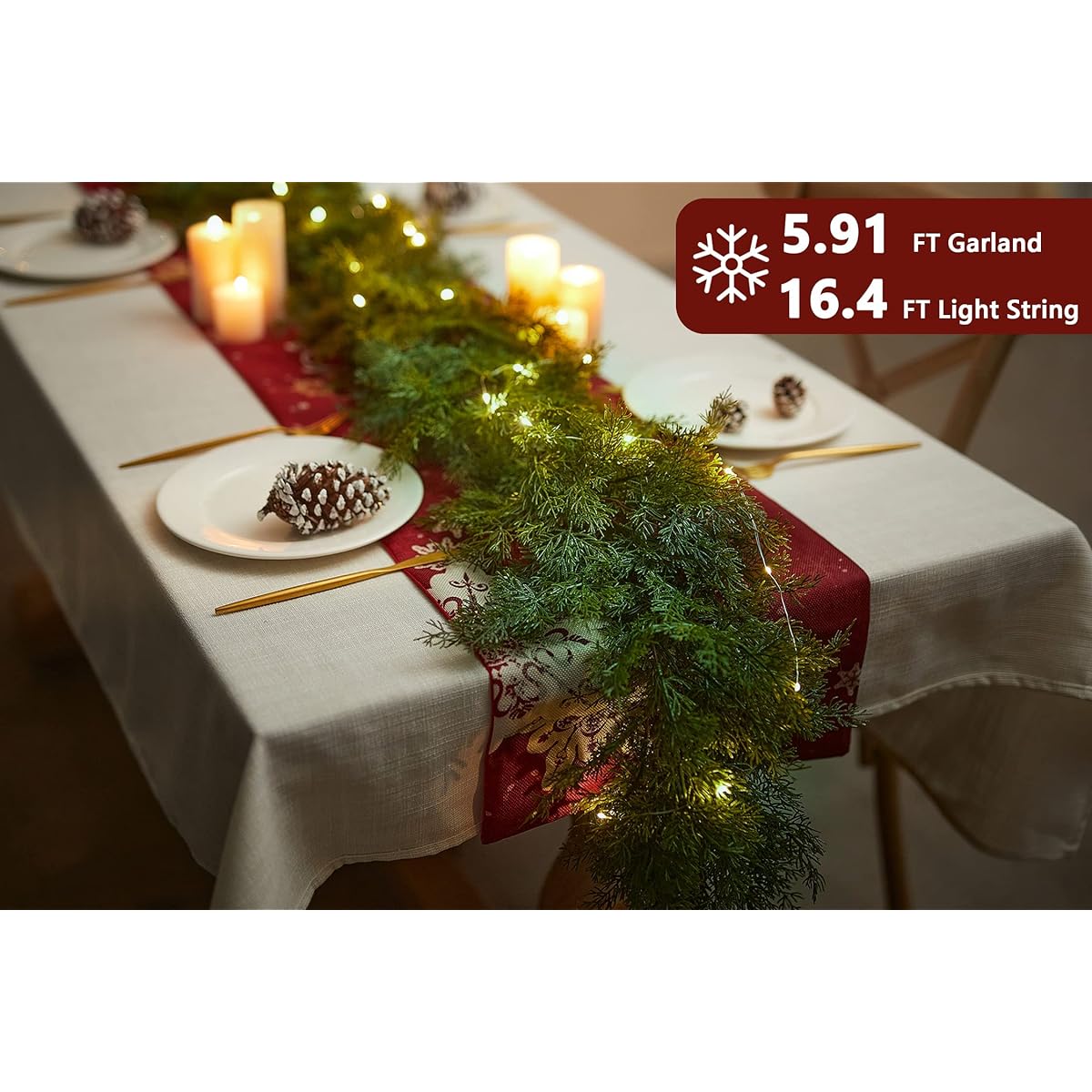 PARTY JOY 5.9ft Christmas Cedar Garland with 16.4ft LED Light String, Artificial Pine Cypress Vines Green Plants for Christmas Table Mantle Backdrop Wall Room Outdoor Indoor Winter Decoration