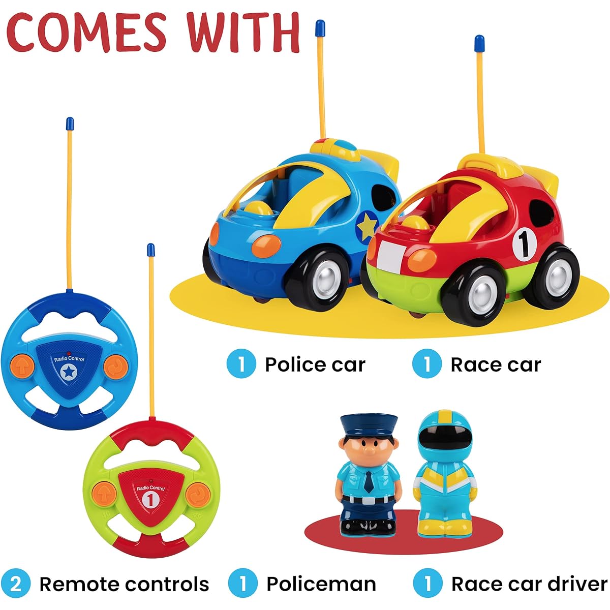 Prextex Pack of 2 Cartoon R/C Police Car and Race Car Radio Control Toys for Kids- Each with Different Frequencies So Both Can Race Together