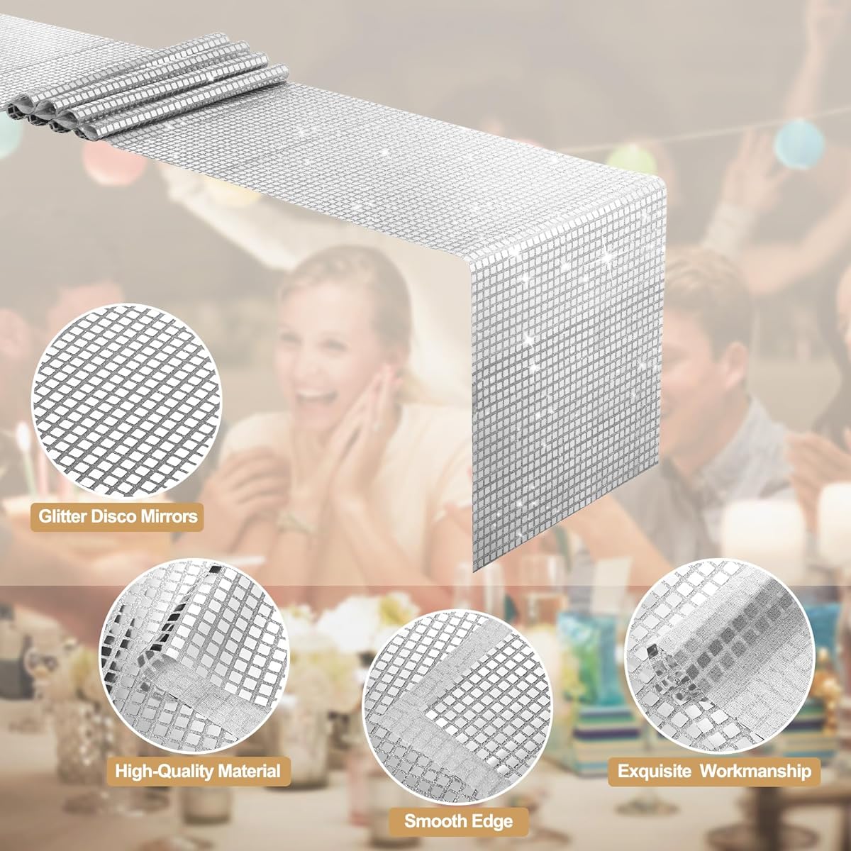 BDDC 2 Pieces Silver 13 x 108 Inch Glitter Table Runner, Mirror Disco Party Table Runner, Retro Silver Table Decor for Disco Party, Birthday Bachelorette Dance Party Decorations