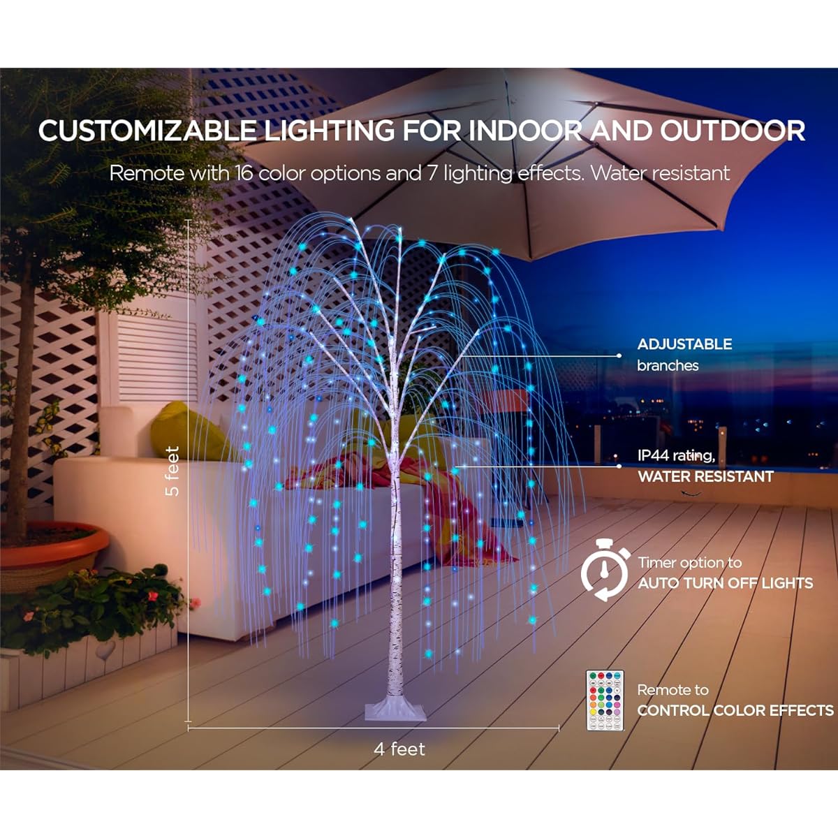 Twinkle Willow Tree, Christmas Willow Tree, Willow Tree Lights, Indoor Outdoor Weeping Lighted Tree, Christmas, Halloween, Wedding Lights, with 240 LED Lights, 16 Colors, 7 Effects, Remote Control, 5ft