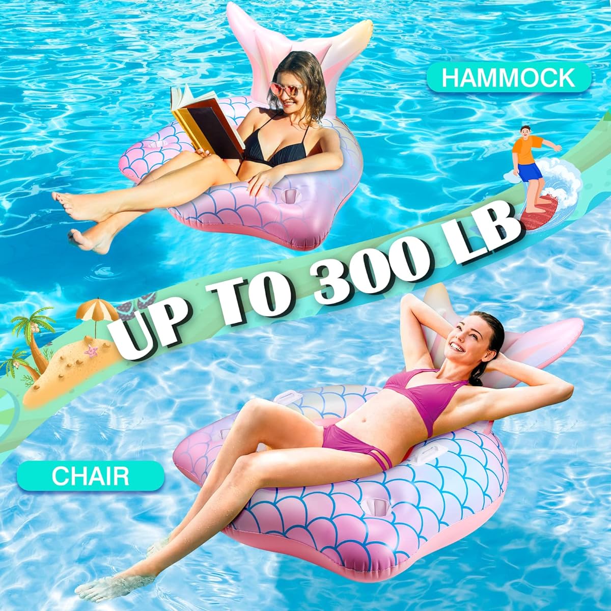 Inflatable Pool Float Mermaid Tail Pool Floating Chair with Cup Holder, Backrest, Mesh Bottom and Handles for Summer Water Play, Beach Party, Swimming Pool Toys for Kids Adults Water Activities