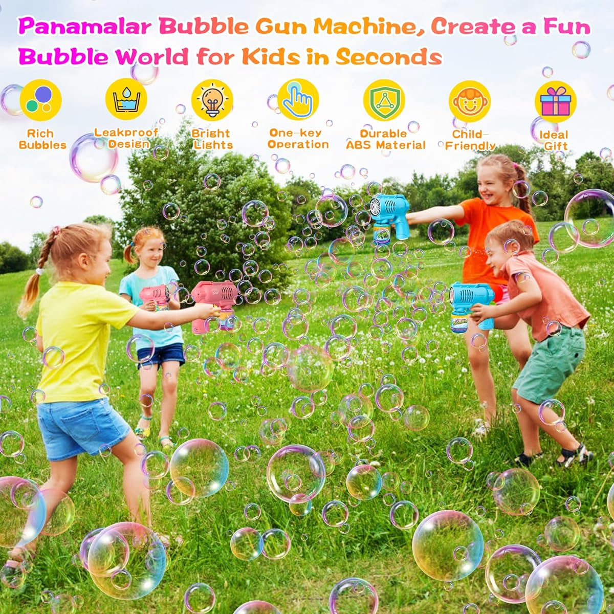 Panamalar Bubble Gun for Kids Bubble Machine Bubble Blower 10000+ Rich Bubbles/Minute Portable Bubble Maker Toy with Light 130ml Bubble Solution for Outdoor Garden Party Wedding Gift Blue