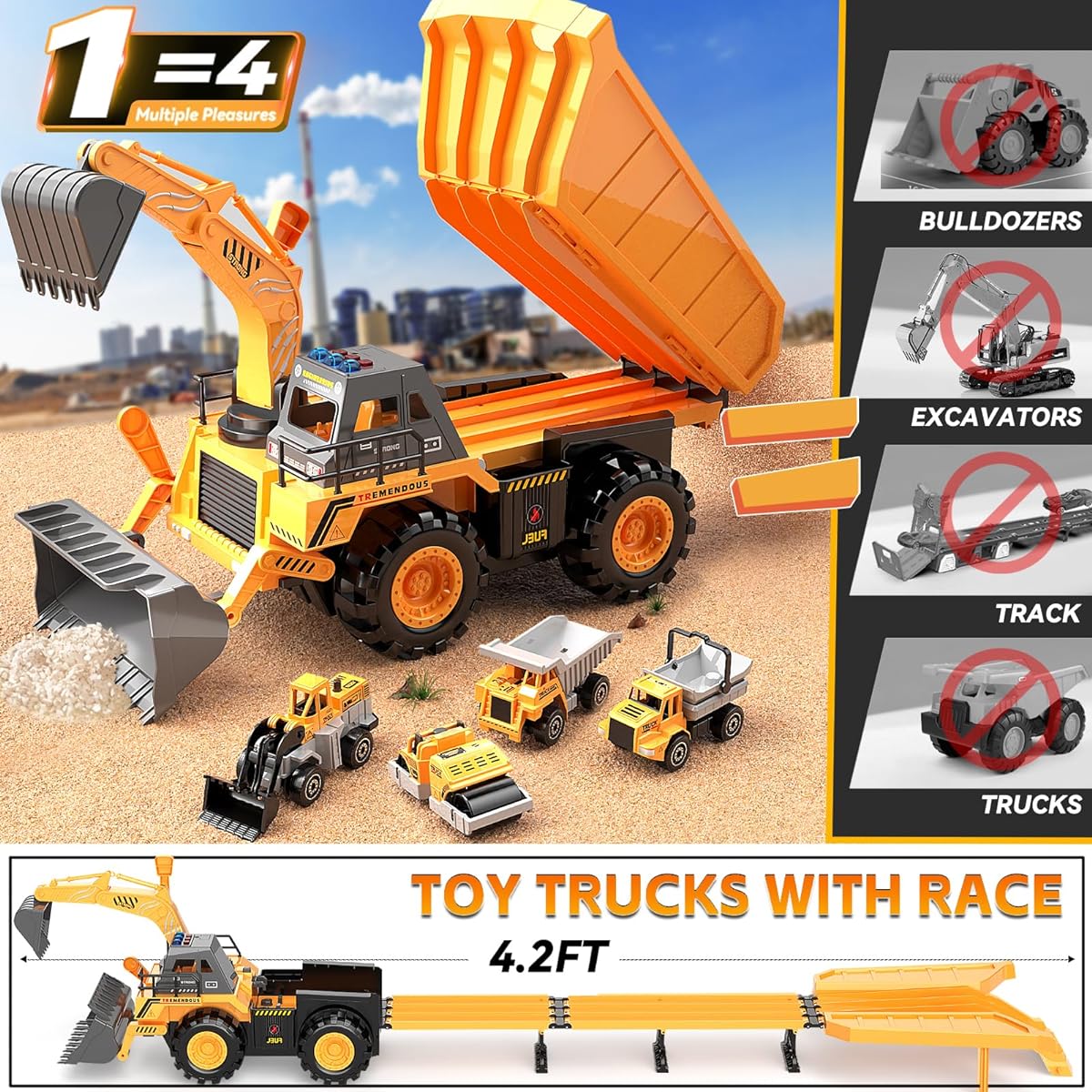 Construction Truck Toy with 4.2ft Race Track Toy Truck Car Boys Birthday Gift Truck Sound Excavator Bulldozing Toy (Includes 8 Race Cars + 4 Small Construction Vehicles)