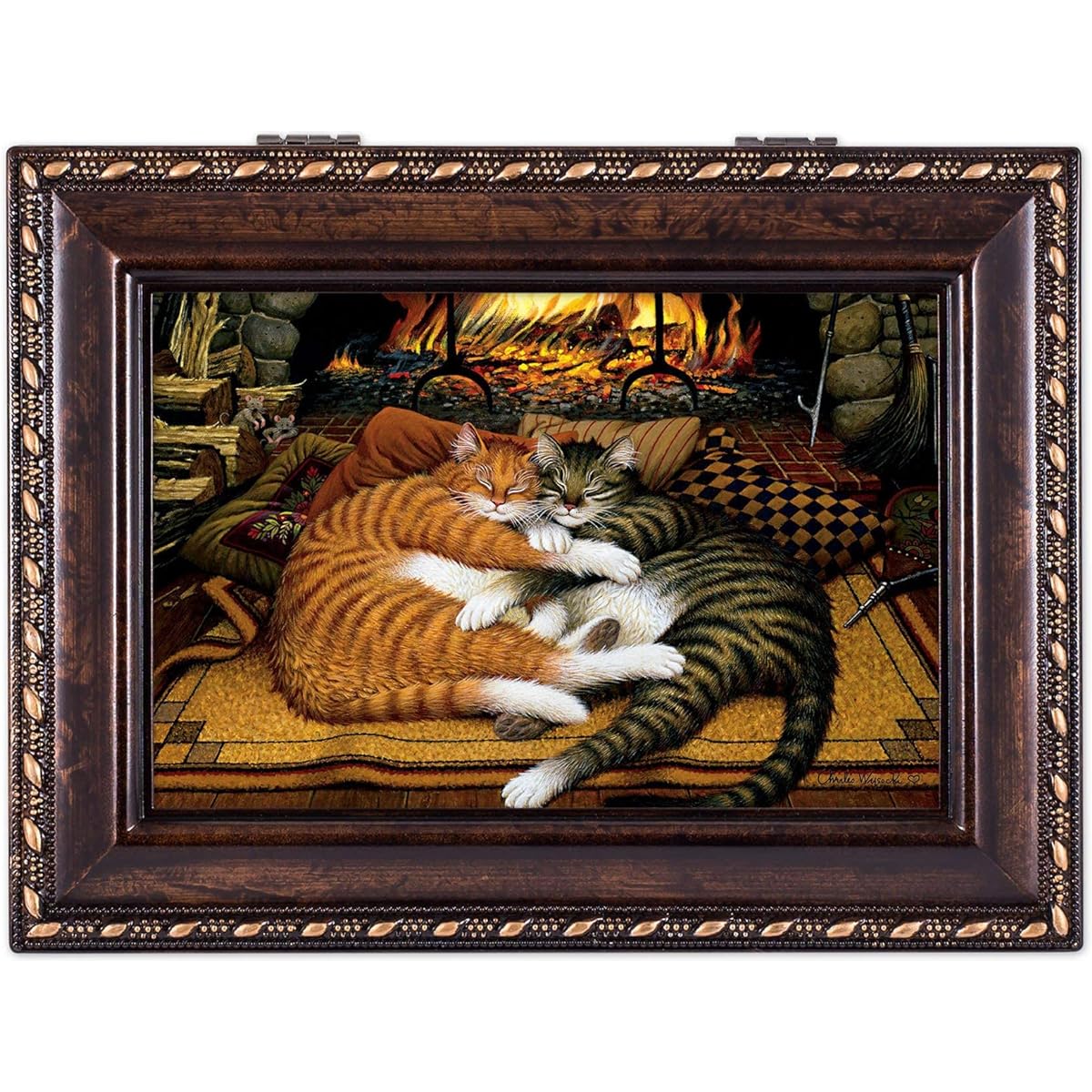 Hearts of Fire Cats Rich Burl Wood Finish Jewelry Music Box - Plays Tune Pachelbel's Canon in D