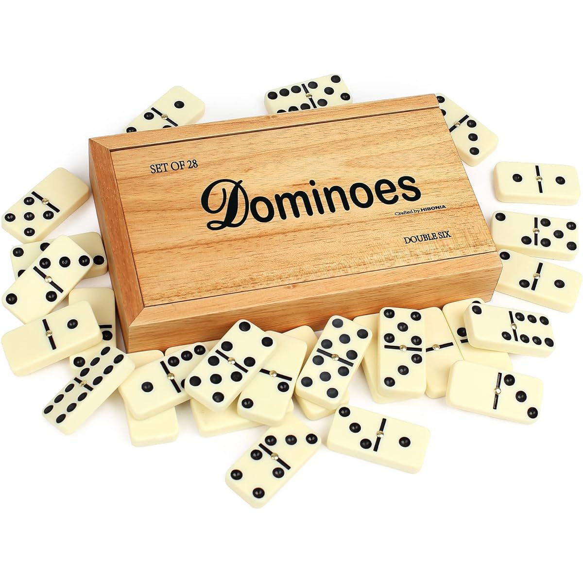 HIBONIA Domino Set - 28 Piece Double Ivory Domino Tiles Set of 6 Classic Numbers Table Game with Wooden Carry/Storage Case