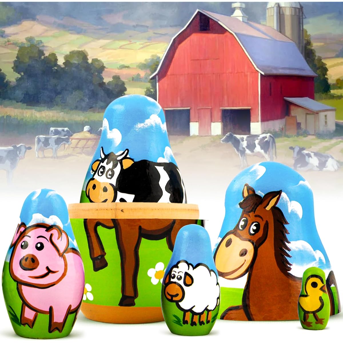 AEVVV Farm Animal Set Wooden Nesting Dolls 5 Piece Set - Pet Figurine Set Wooden Matryoshka