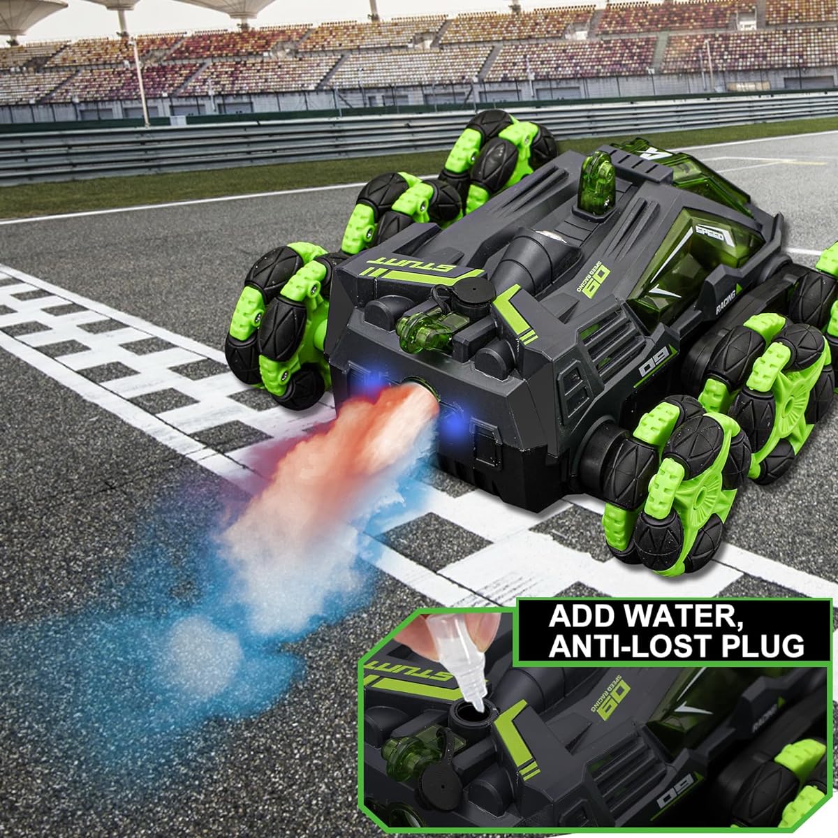 RC Stunt Car for Boys Ages 12+ 2.4G RC Drift Stunt Car 360 Degree Rotation Remote Control Car for Kids with 2 Batteries & Spray & LED Lights Birthday Gift for Kids(Green (6 Wheels))