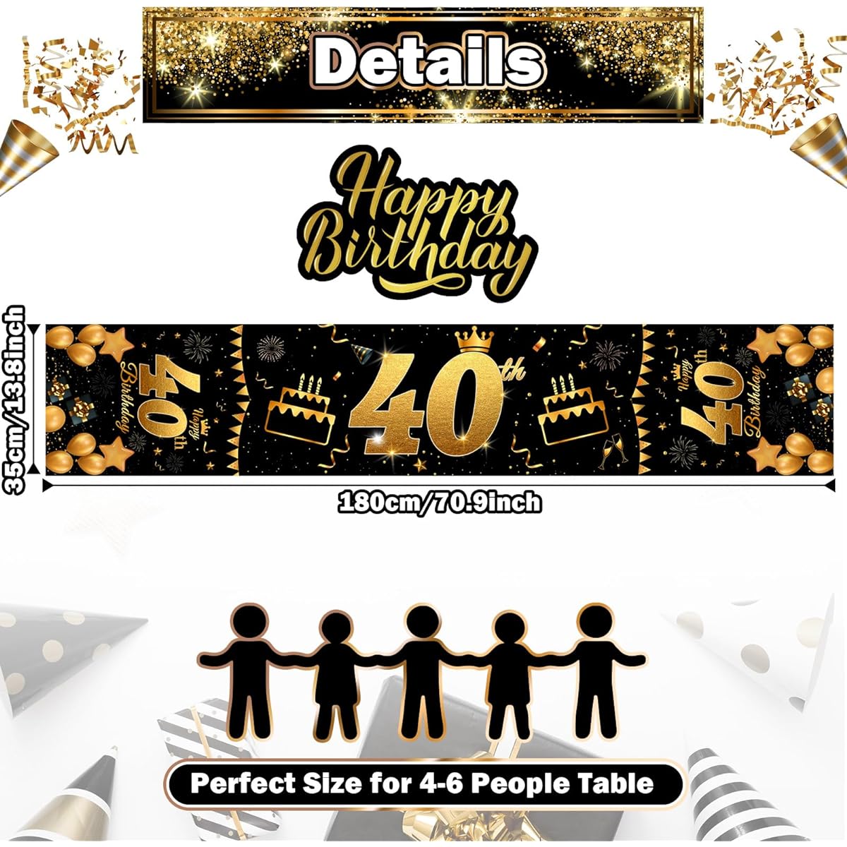 Happy 40th Birthday Table Runner Black and Gold 72" Long Birthday Celebration Table Runner for 40 Years Old Men Women Birthday Anniversary Dining Table Decorations for Home Kitchen Party