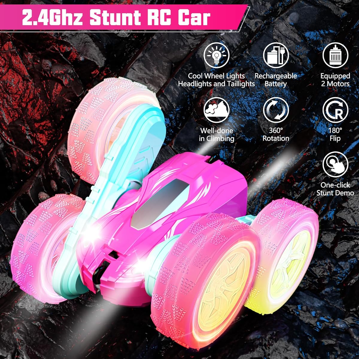 28℃ Remote Control Car for Boys Drift High Speed RC Car 4WD 2.4Ghz Rechargeable RC Truck Double Sided 360 Flip Headlight Wheel Light Off-Road Stunt Toy Car for Kids Boys Girls Pink