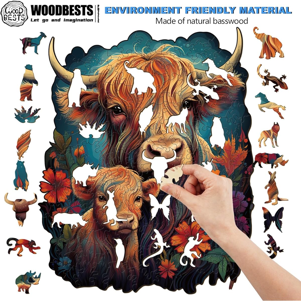 WOODBESTS Wooden Puzzle for Adults Highland Cow Family Puzzle Large 280 Pieces 10.75" x 13.3" Beautiful Wooden Box Wooden Jigsaw Puzzle Unique Shape Birthday Gift for Adults and Kids Family Game