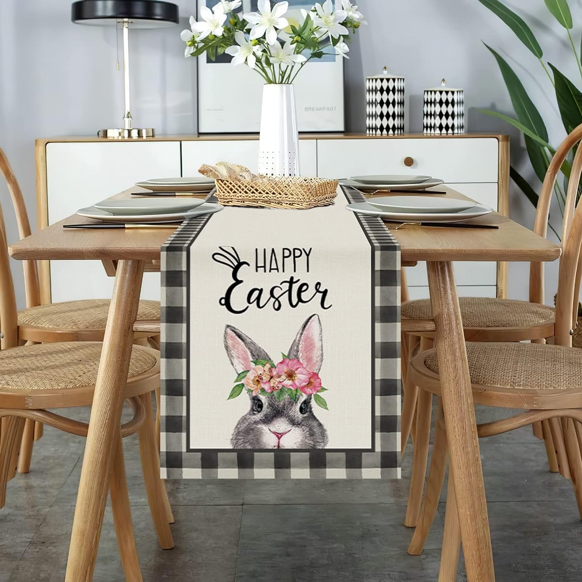 Celepaty Buffalo Plaid Cute Grey Rabbit Pink Flower Crown Happy Easter Table Runner 72" Long Spring Easter Holiday Home Kitchen Dining Table Runner Decor