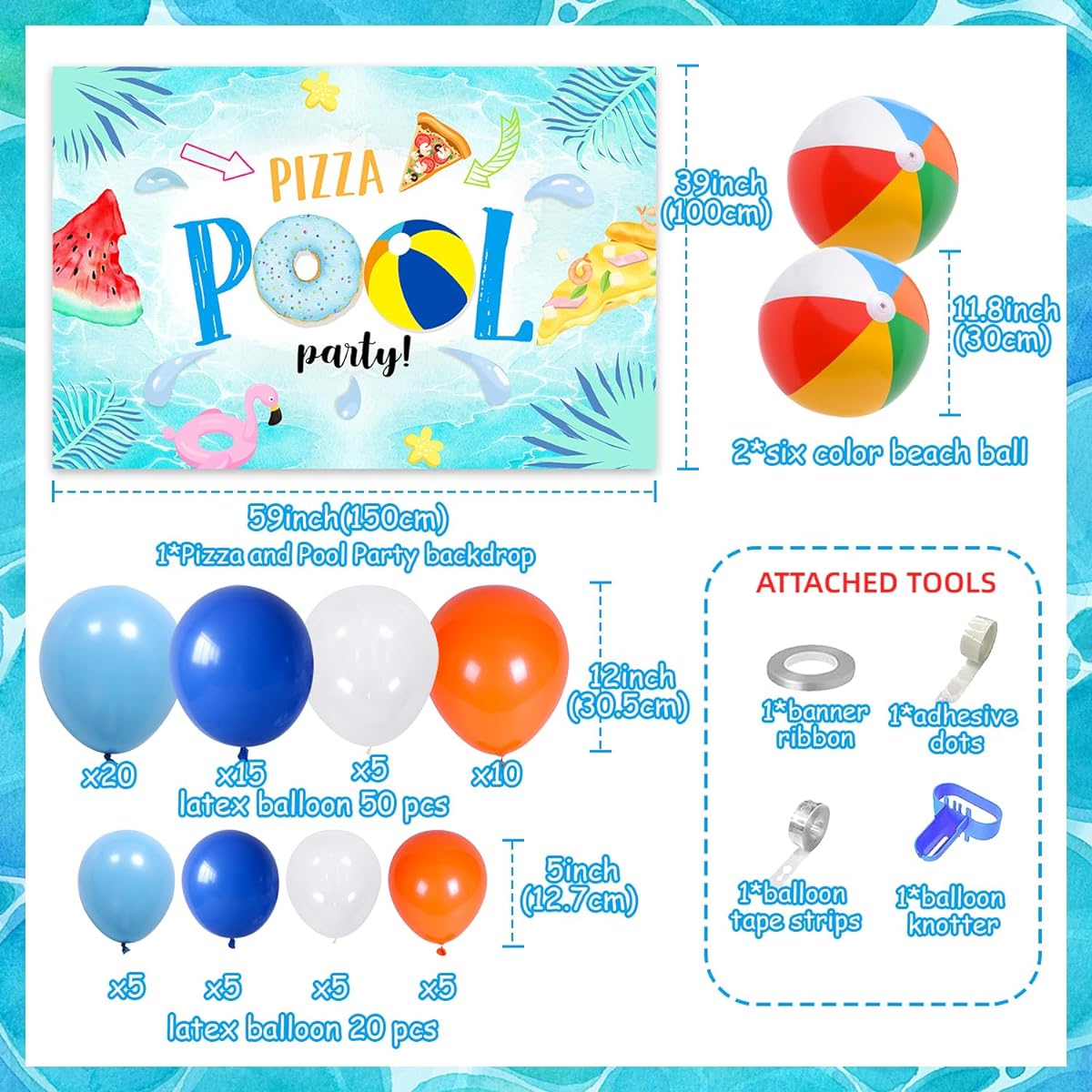 Pool Themed Party Decorations for Boys Beach Balls Orange Blue Balloon Garland Arch Kit with Summer Flamingos Pizza Pool Party Backdrop Baby Shower Pool Birthday Party Supplies