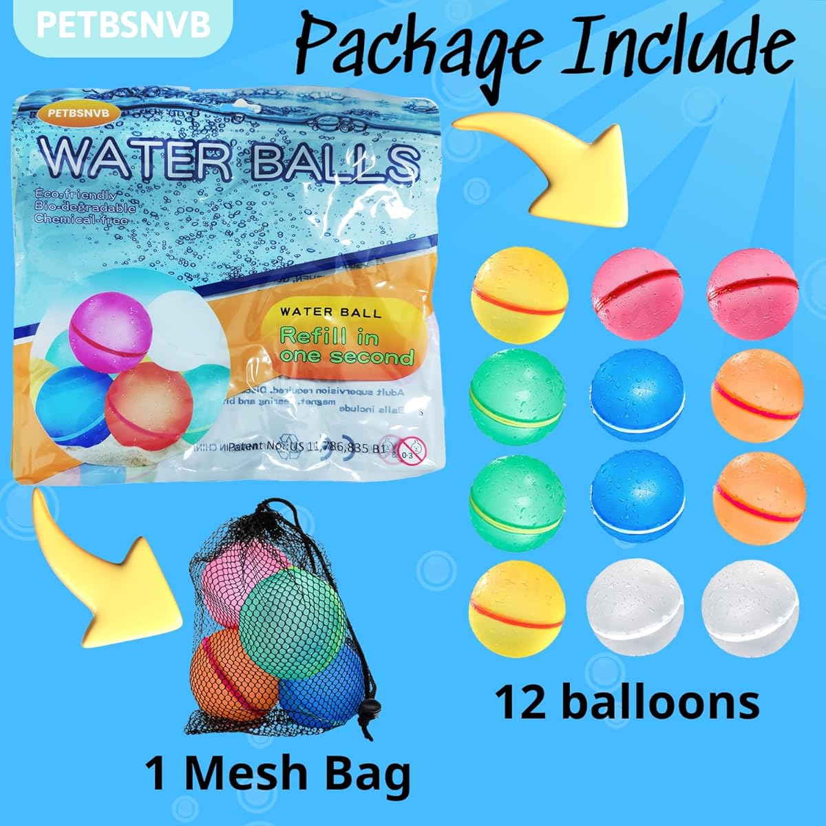 PETBSNVB 12 Pack Reusable Water Balloons with Magnet and Mesh Bag, Refillable, Self-Sealing, Easy to Fill with Water, Happy Splash Bombs Water Balls for Kids Adults Outdoor Activities Games Toys