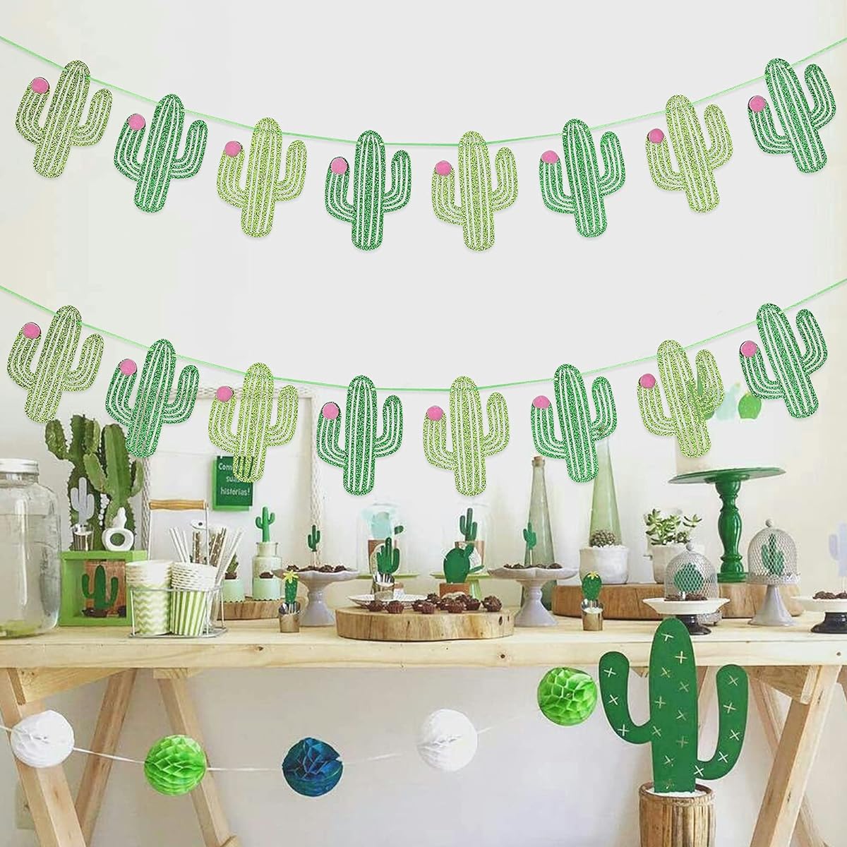 2 Pieces Taco Cactus Garland Banner Green Glitter Cinco De Mayo Cactus Banner Taco Party Banner for Mexican Fiesta Taco Birthday Party Decorations