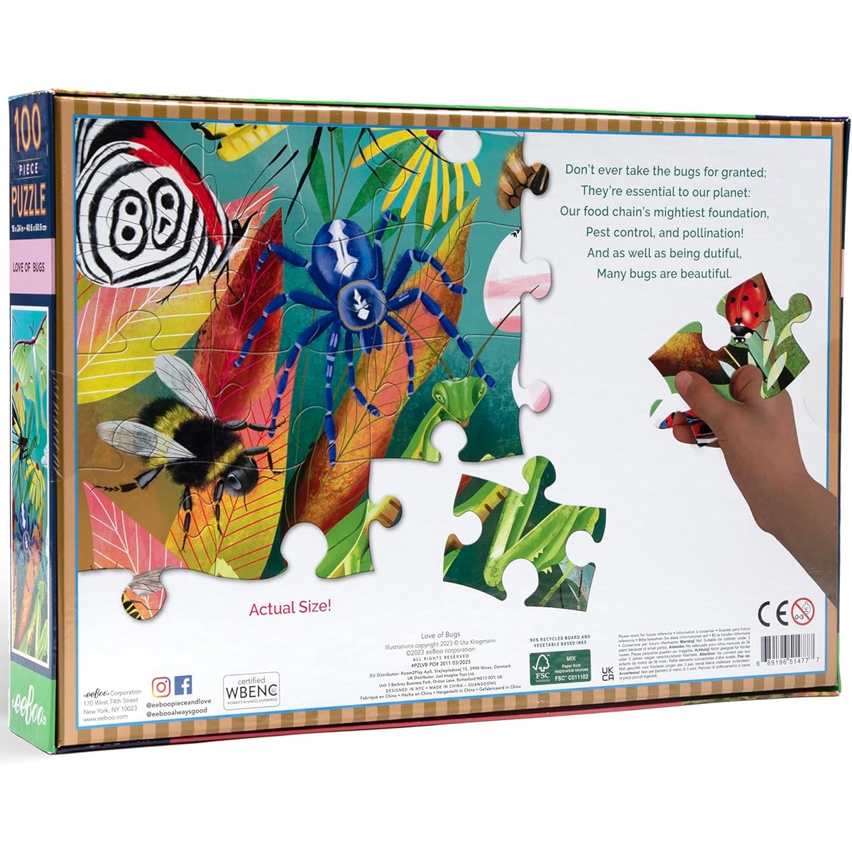 eeBoo: Love of Bugs - 100 Piece Puzzle - 24 x 16 Jigsaw for Kids, Shiny Pieces, Ages 5+