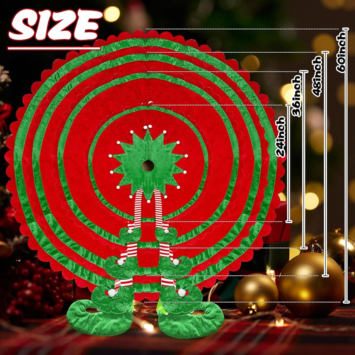 TangJing 48" Large Elf Christmas Tree Skirt with Candy Stripe Legs, Christmas Tree Mat, Elf Themed Decorations and Ornaments, Christmas Decor, Christmas Holiday, Home Party Decorations