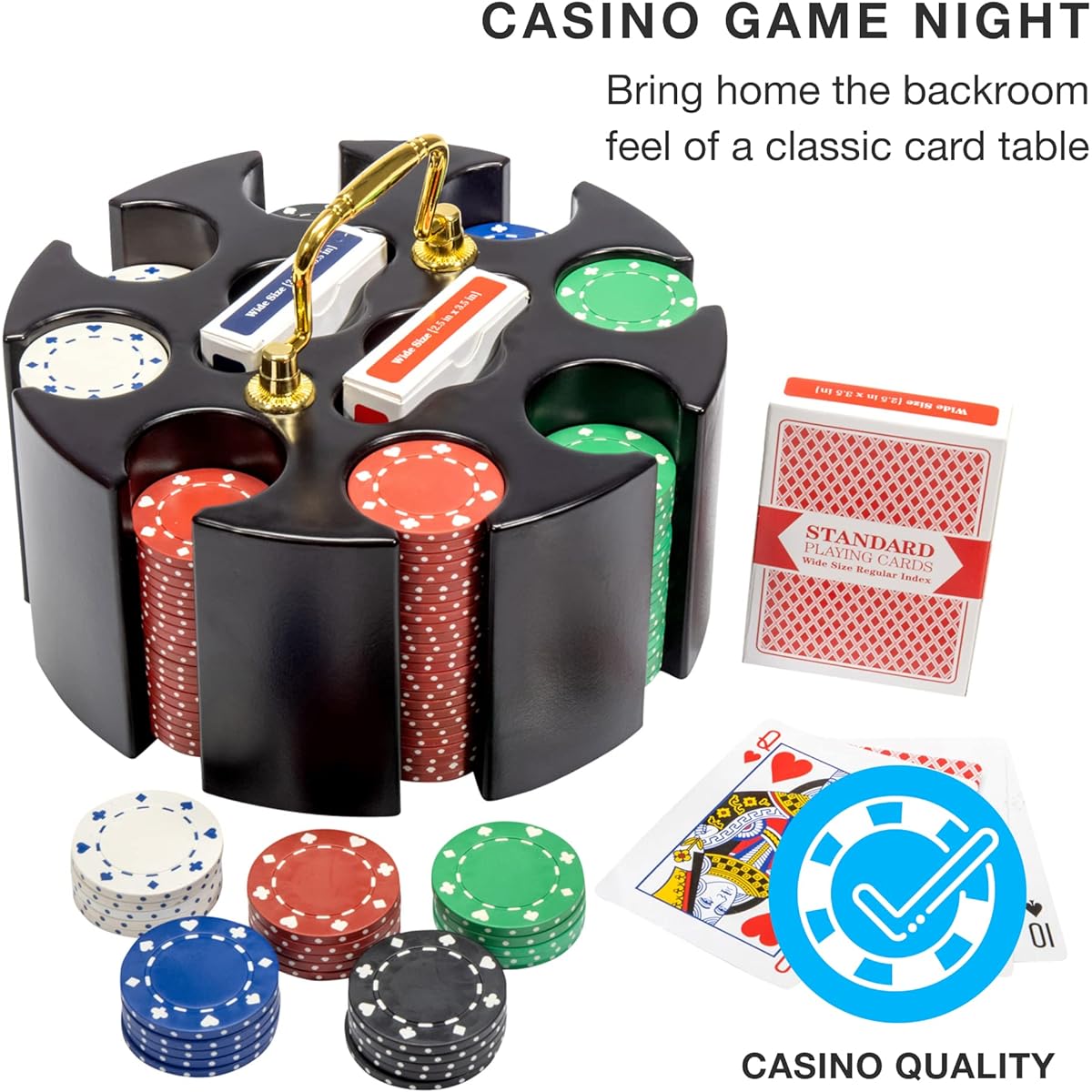 200pcs Suit Poker Chips Set in Wooden Carousel Case 11.5g Casino Party Accessories for Blackjack Texas Hold'em Family Games