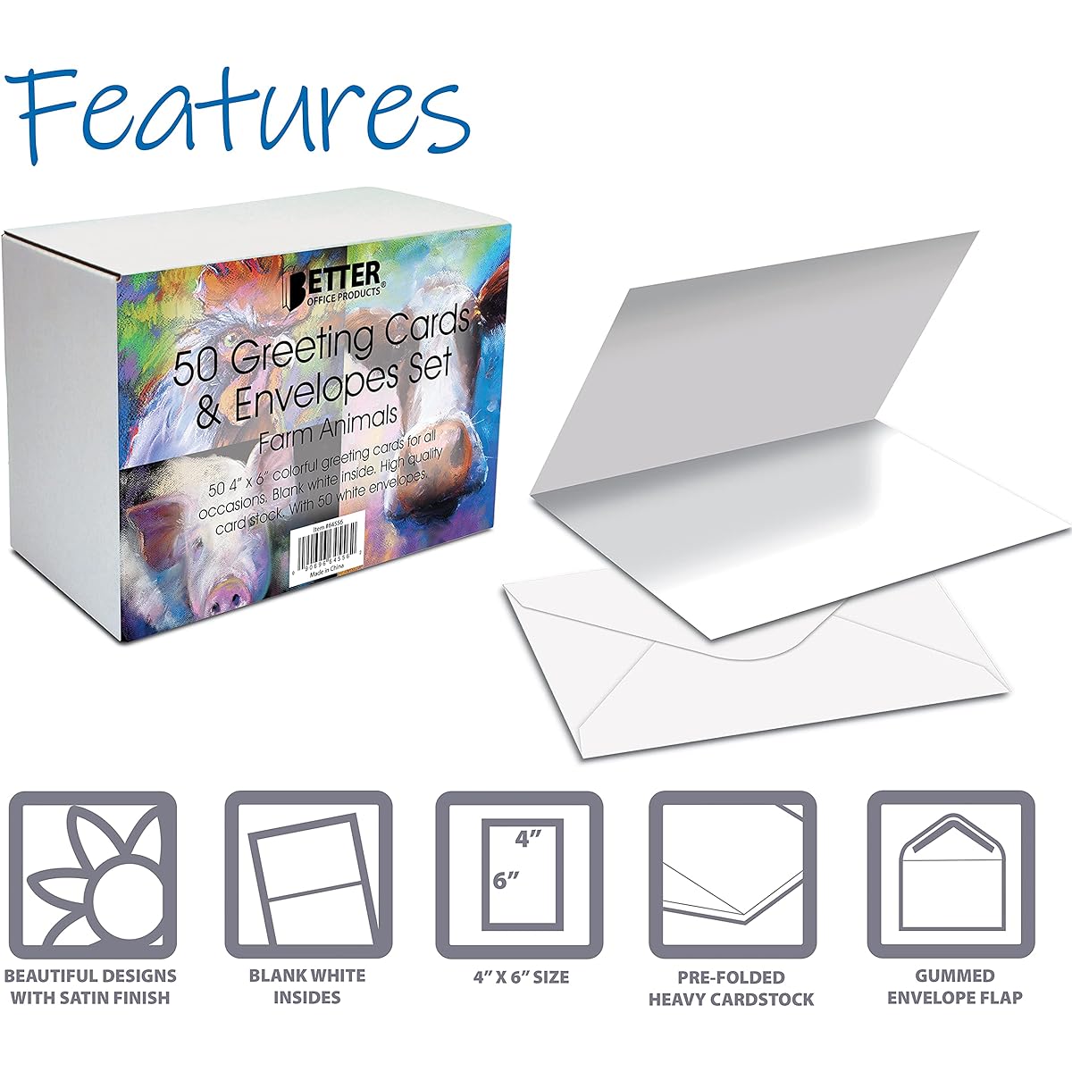 Better Office Products Greeting Card Box Set 50 Pack 4 x 6 Inch 50 Blank Note Cards & 50 Envelopes Colorful Farm Animal Portraits Blank Inside