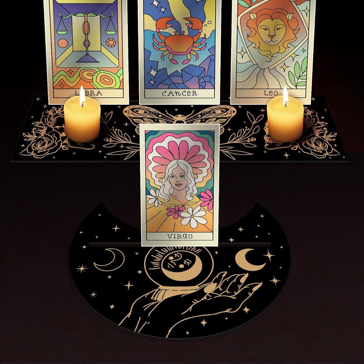 CRASPIRE Wooden Tarot Card Holder Stand, Moth Tarot Card Altar Stand, Hand Crystal Ball Design Tarot Card Stand Rectangle Moon Shape Oracle Witch Divination Tool Tarot Decor Wicca Supplies