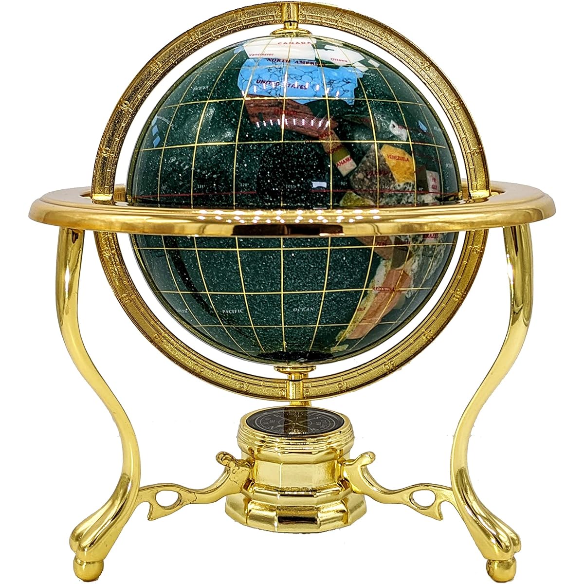 Unique Art Since 1996 11" Tall Green Crystal Ocean Tabletop Gemstone Globe with 3 Legged Gold Stand