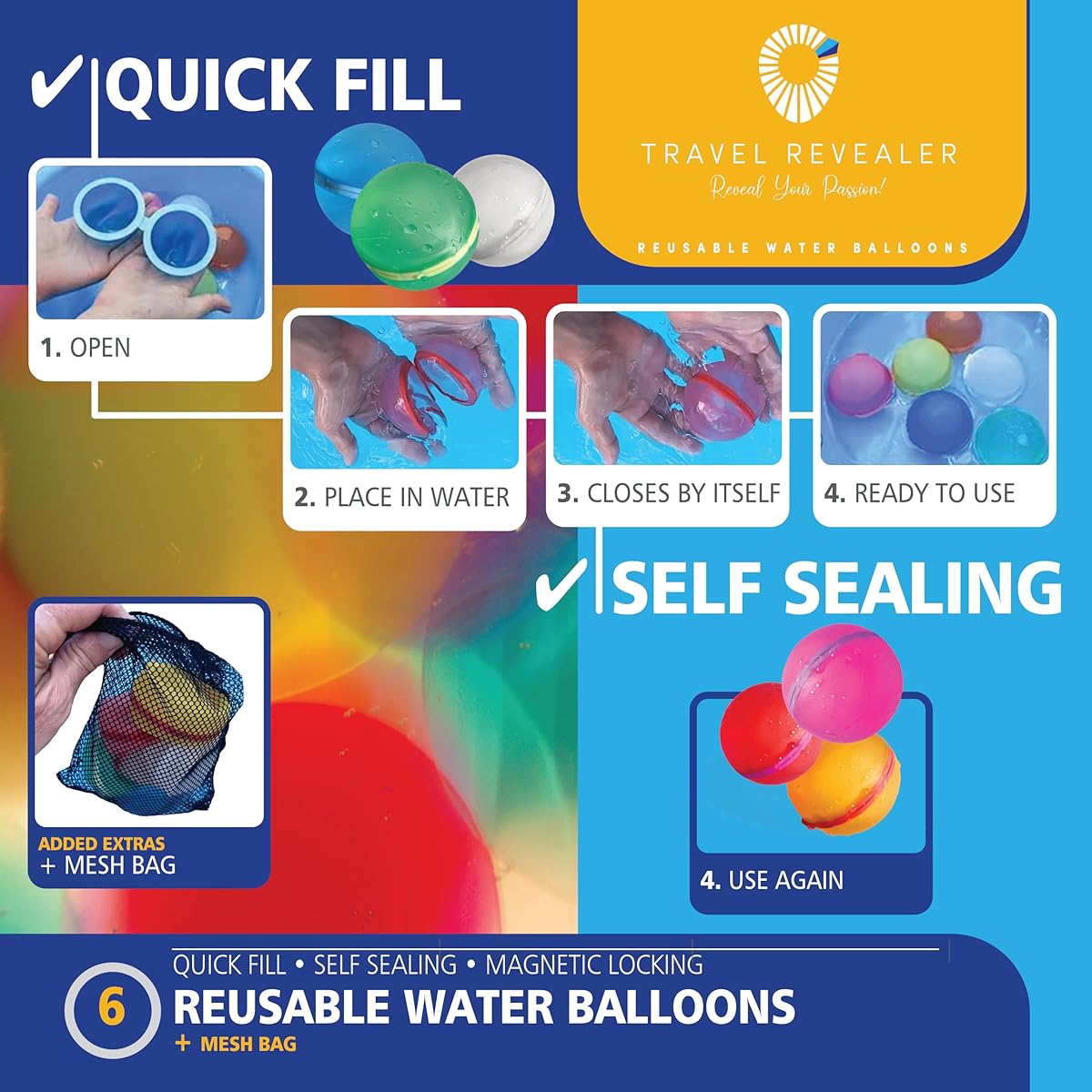 Travel Revealer Quick Fill Reusable Water Balloons Self-Sealing Latex-Free Silicone Water Splash Ball Water Bomb for Kids Teens | Outdoor Activities Water Games Toys Summer Party Supplies (Pack of 6)