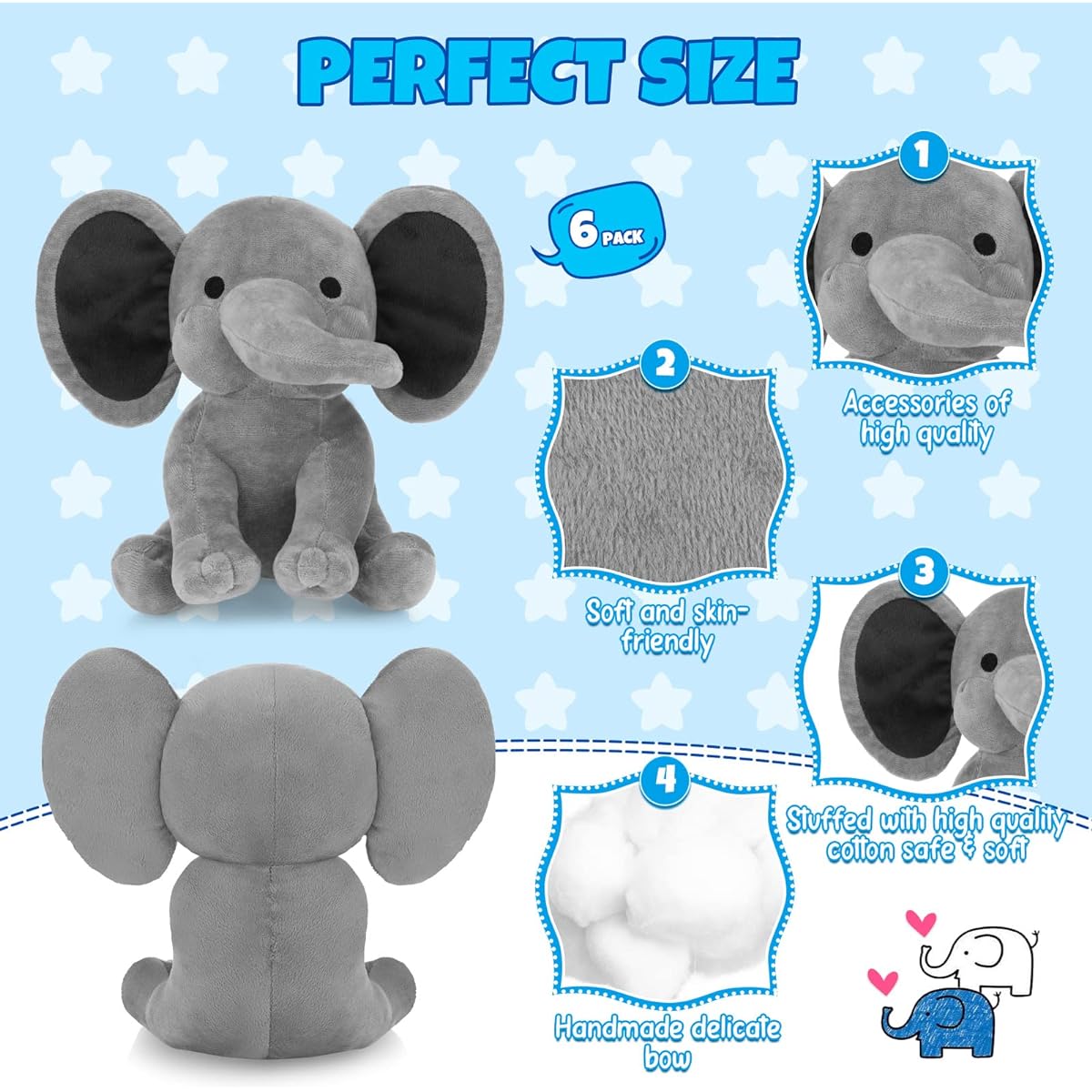 6pcs Elephant Stuffed Animals 9.84 Inch Soft Cute Stuffed Elephant Toys for Baby Shower Elephant Themed Birthday Party Supplies (Grey)