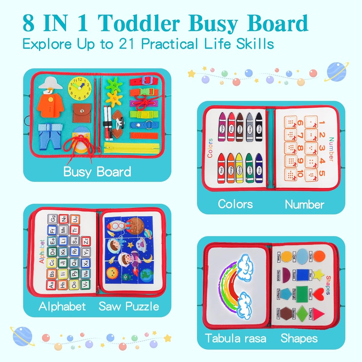 Montessori Busy Book for Toddlers 1-3 Montessori Busy Board with Buckle Educational Activities for Learning Fine Motor Skills Airplane Car Travel Toy Girls Boys Gift