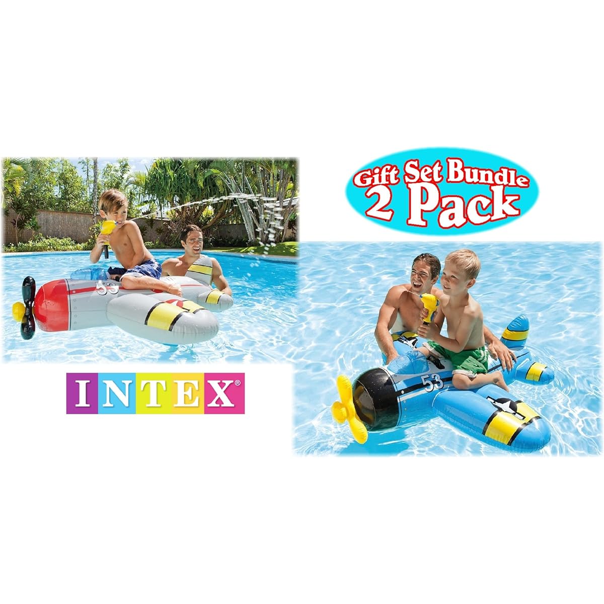 Intex Water Gun Squirter Fighter Plane Ride-On Pool Floats Red/Gray Blue/Yellow Gift Set Bundle - 2 Pack