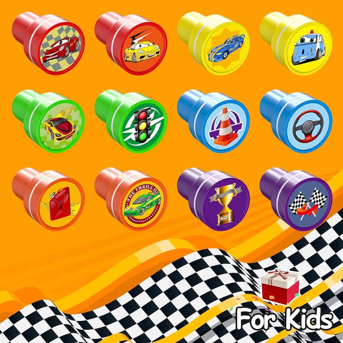AFZMON Race Car Party Stamps for Kids, 24pcs Assorted Race Car Wheels Self Inking Stamps Goodie Bag Stuffers, 2 Fast Birthday Party Favors for Kids, Teacher Stamps, Rewards, Pinata Fillers, Carnival Prizes