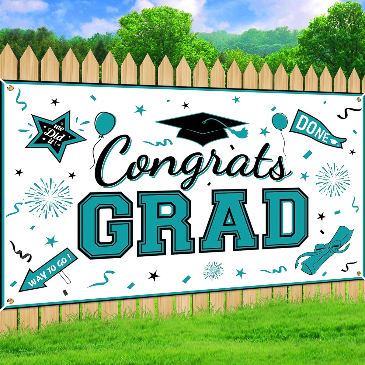 Teal Congrats Grad Graduation Banner, Black and Teal Graduation Backdrop, Teal Graduation Party Decorations, Class of 2024 Graduation Banner, Indoor Outdoor Graduation Party Supplies Decorations, 71x43 Inch