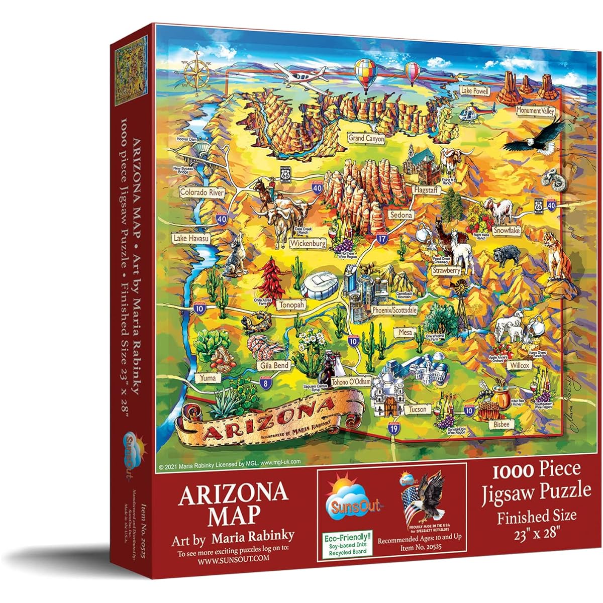 SUNSOUT INC - Arizona Map - 1000 Piece Jigsaw Puzzle Artist: Maria Rabinky - Finished Size 23" x 28" - MPN# 20525